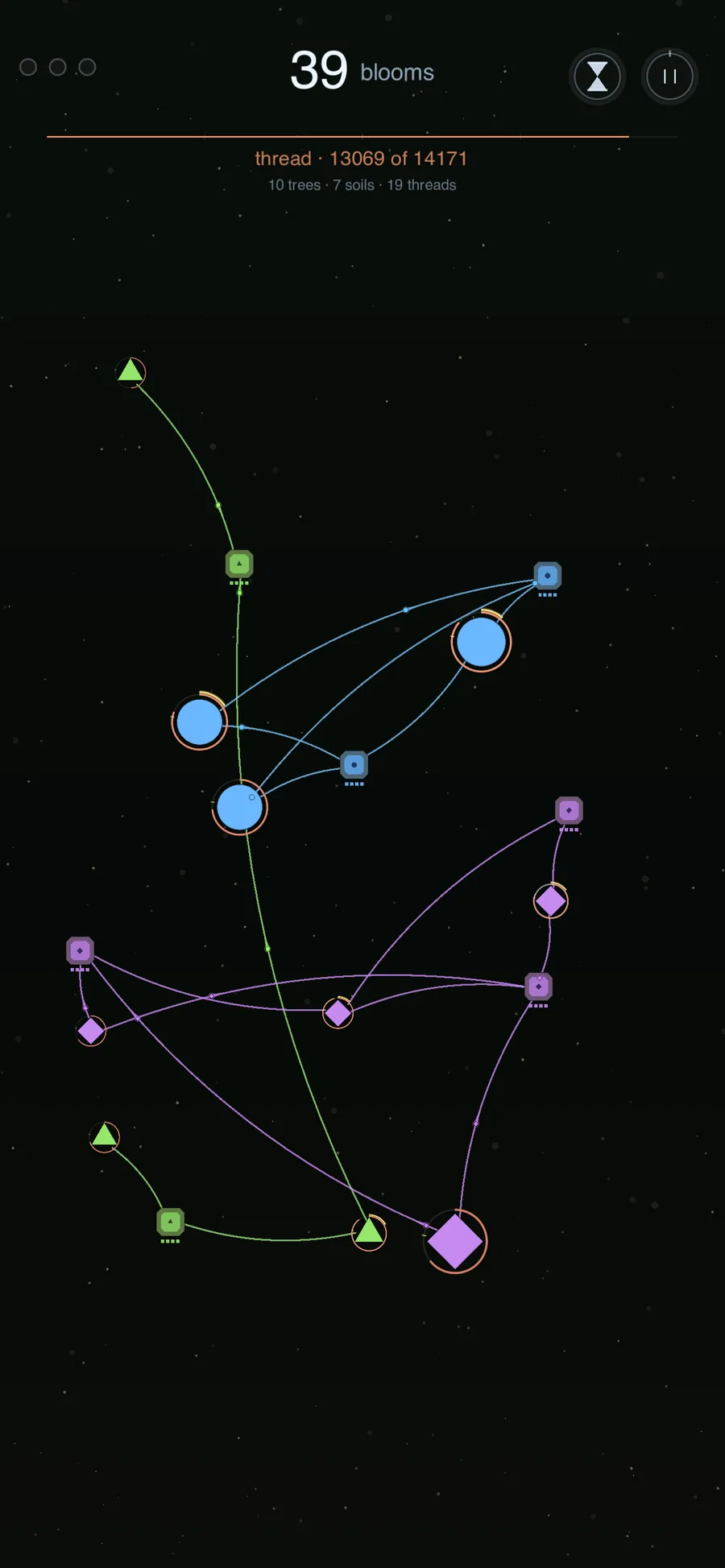 Late-game grove with dozens of nodes and an intricate web of threads