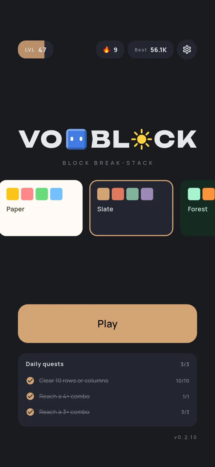 voblock main menu — the wordmark, theme picker, and daily quests