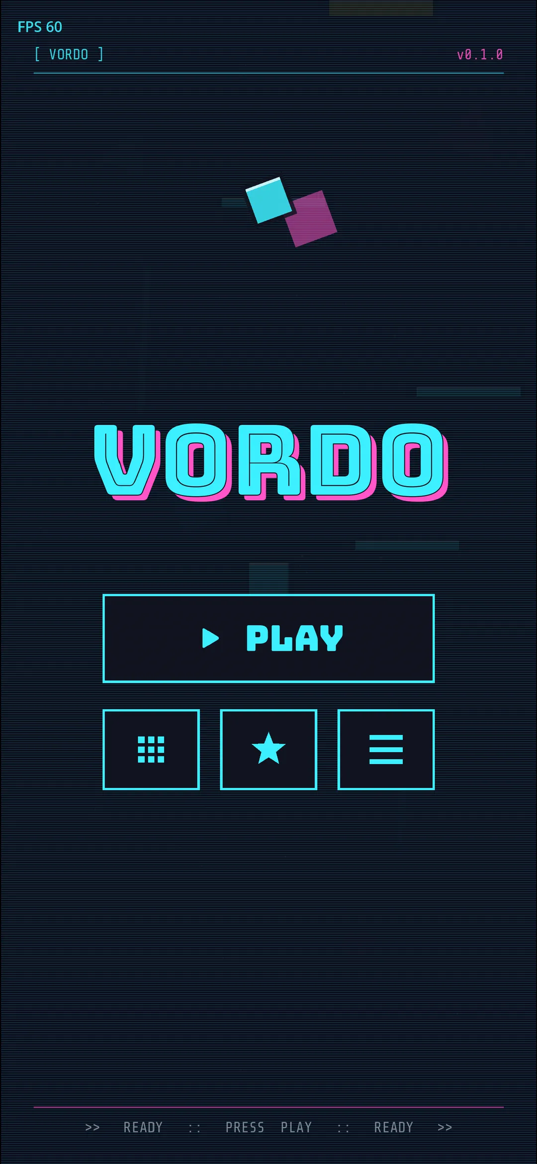Vordo main menu — neon wordmark on a deep void with the cube ready to climb