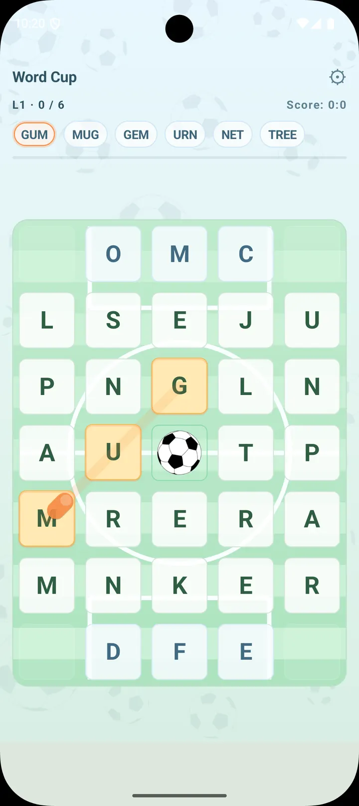 An early Word Cup level — a five-column letter grid with a word chain being traced across the pitch